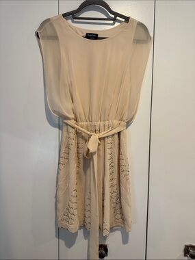 bebe Champagne Chiffon Belted Mini Dress